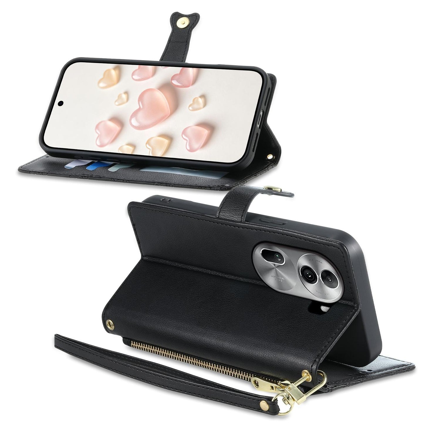 For OPPO Reno11 Pro Global Zipper Wallet Heart Buckle Vegan Leather Phone Case with Wrist Strap(Black)