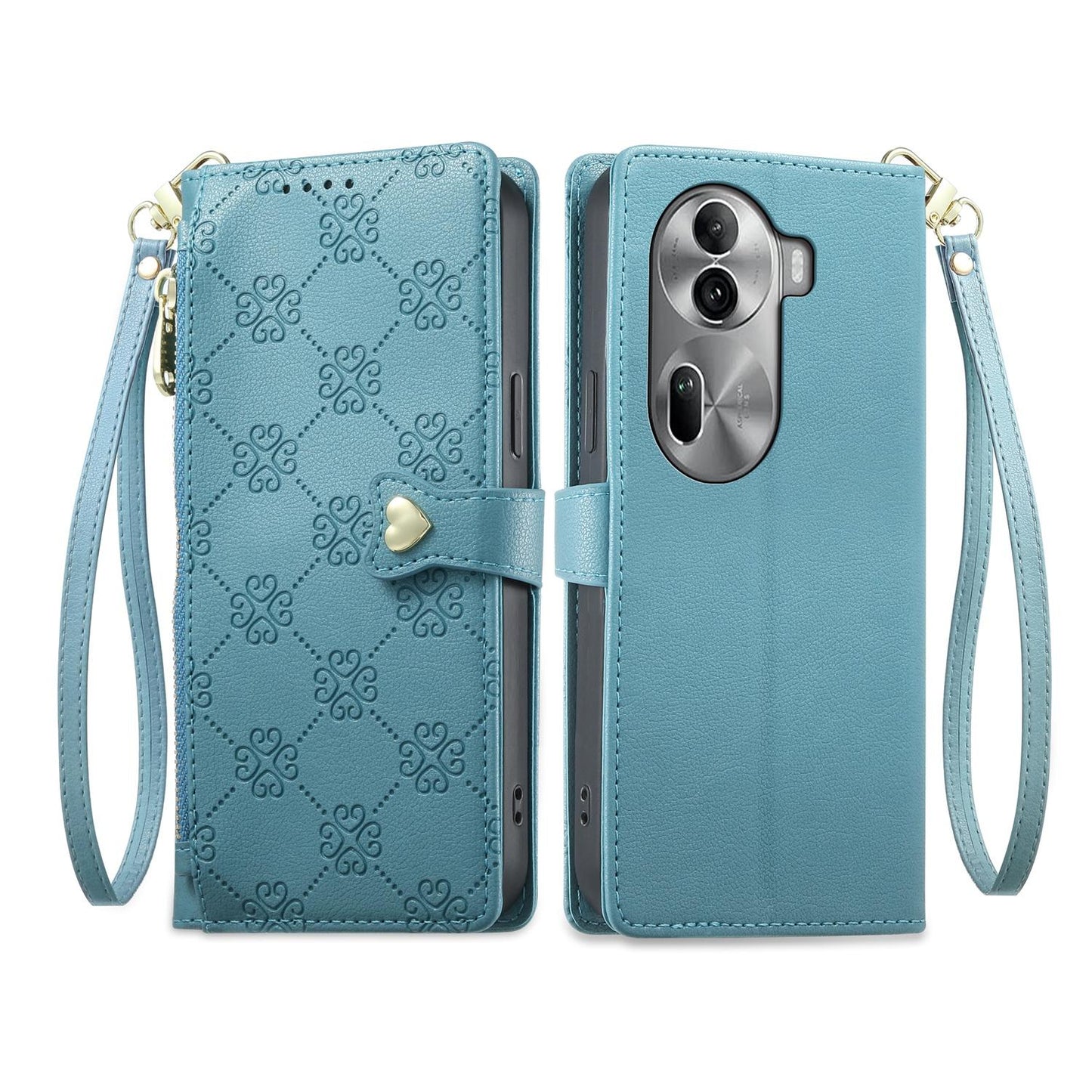 For OPPO Reno11 Pro Global Zipper Wallet Heart Buckle Vegan Leather Phone Case with Wrist Strap(Lake Blue)