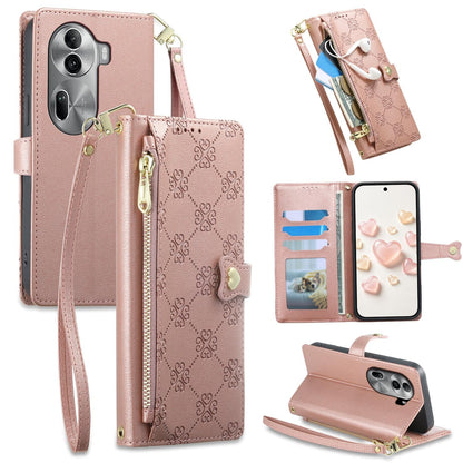 For OPPO Reno11 Pro Global Zipper Wallet Heart Buckle Vegan Leather Phone Case with Wrist Strap(Pink)
