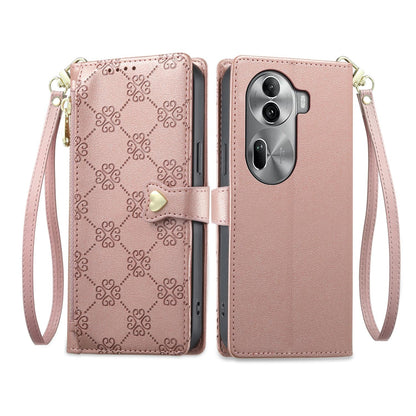 For OPPO Reno11 Pro Global Zipper Wallet Heart Buckle Vegan Leather Phone Case with Wrist Strap(Pink)