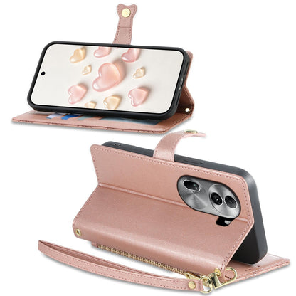 For OPPO Reno11 Pro Global Zipper Wallet Heart Buckle Vegan Leather Phone Case with Wrist Strap(Pink)