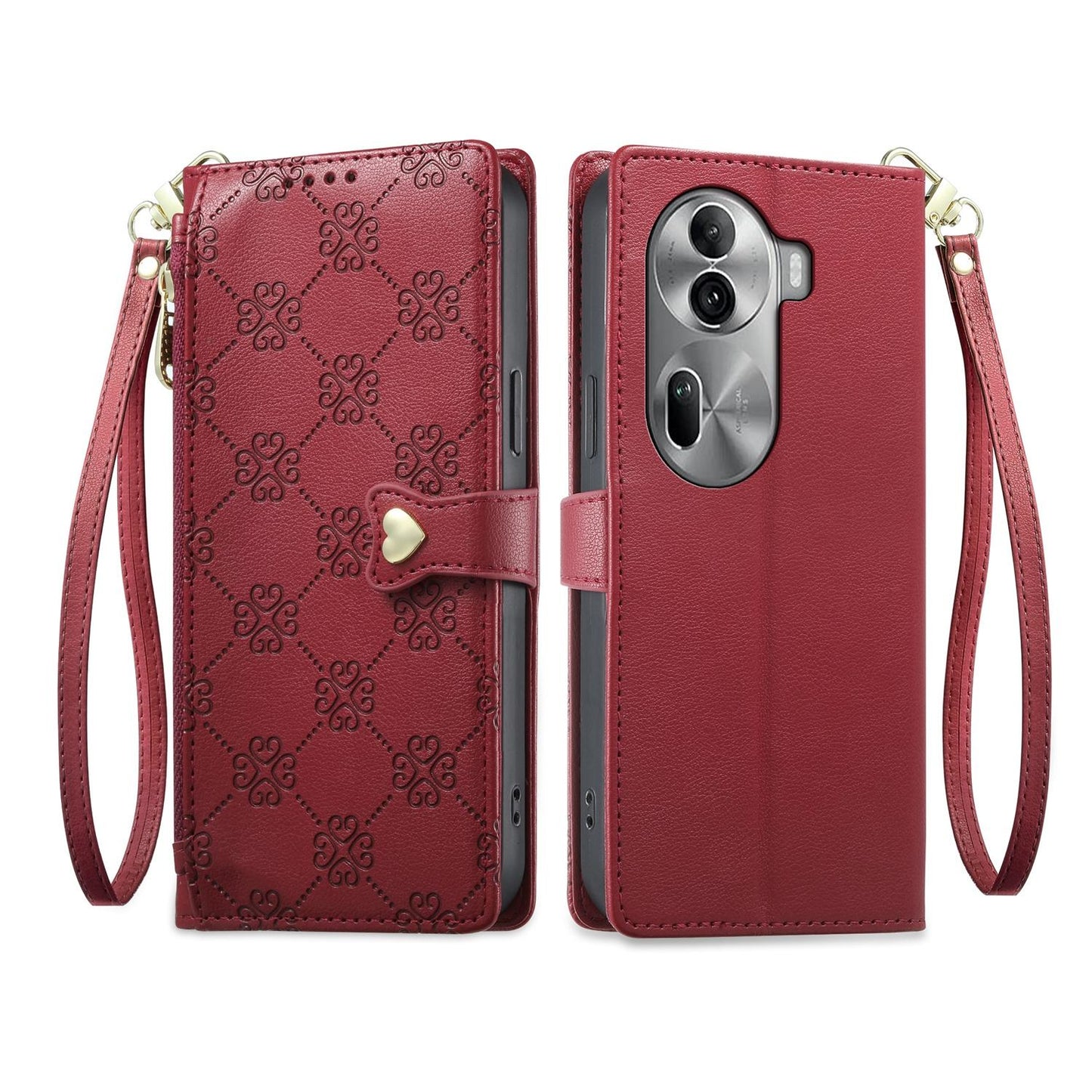 For OPPO Reno11 Pro Global Zipper Wallet Heart Buckle Vegan Leather Phone Case with Wrist Strap(Red)