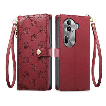 For OPPO Reno11 Pro Global Zipper Wallet Heart Buckle Vegan Leather Phone Case with Wrist Strap(Red)