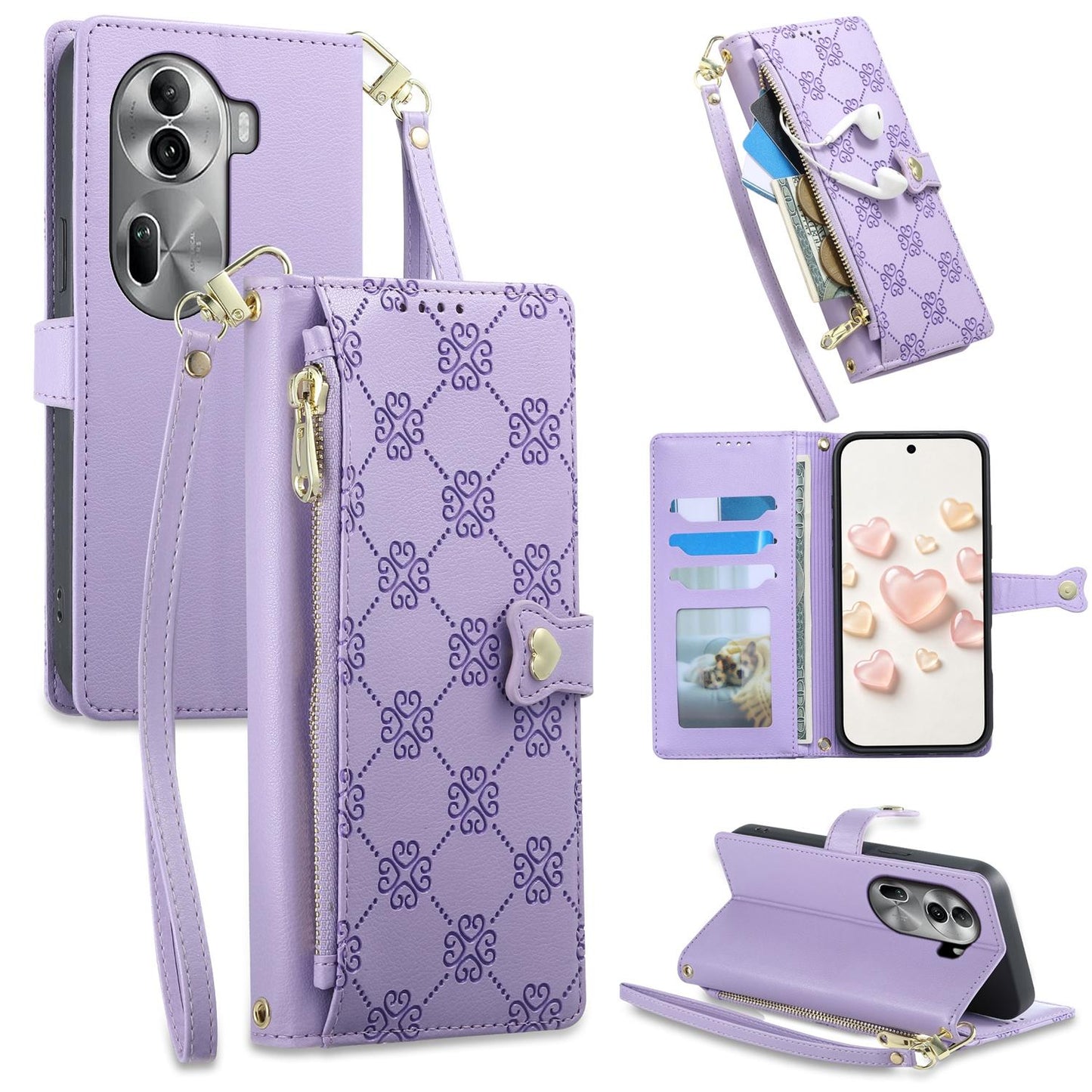 For OPPO Reno11 Pro Global Zipper Wallet Heart Buckle Vegan Leather Phone Case with Wrist Strap(Purple)