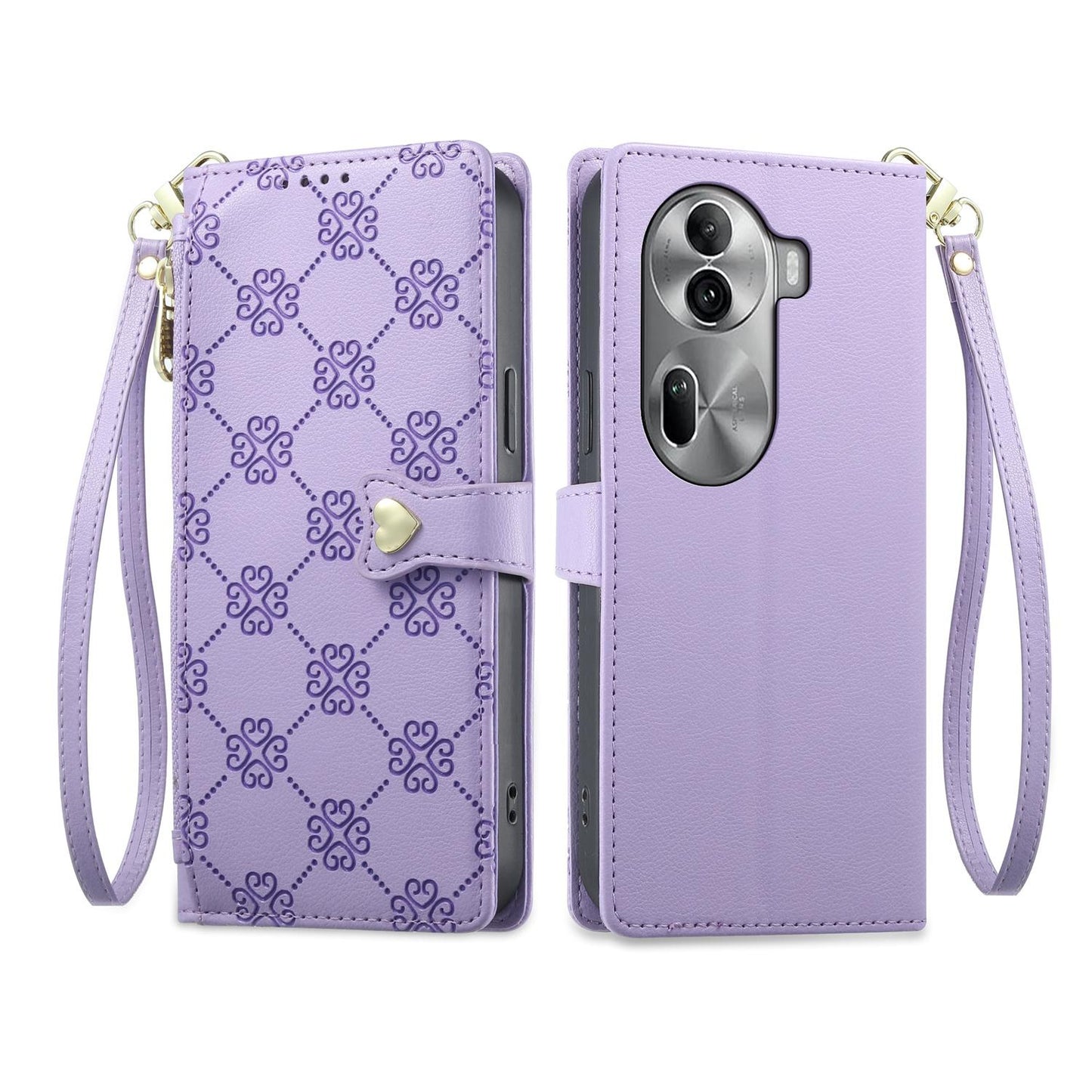 For OPPO Reno11 Pro Global Zipper Wallet Heart Buckle Vegan Leather Phone Case with Wrist Strap(Purple)