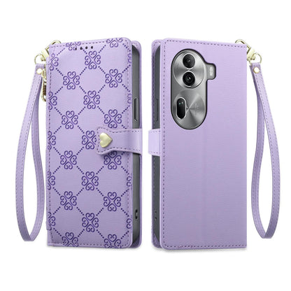 For OPPO Reno11 Pro Global Zipper Wallet Heart Buckle Vegan Leather Phone Case with Wrist Strap(Purple)