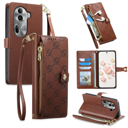 For OPPO Reno11 Pro Global Zipper Wallet Heart Buckle Vegan Leather Phone Case with Wrist Strap(Brown)