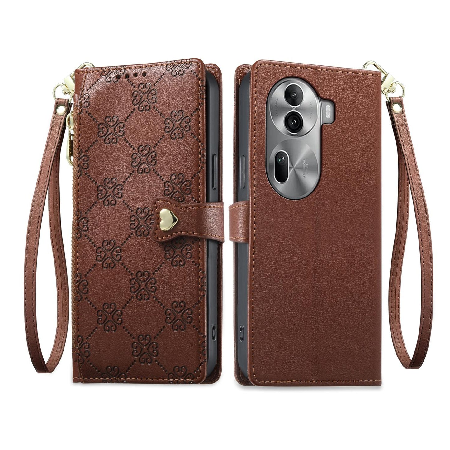 For OPPO Reno11 Pro Global Zipper Wallet Heart Buckle Vegan Leather Phone Case with Wrist Strap(Brown)