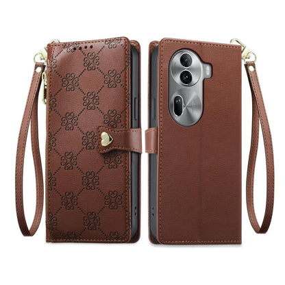 For OPPO Reno11 Pro Global Zipper Wallet Heart Buckle Vegan Leather Phone Case with Wrist Strap(Brown)