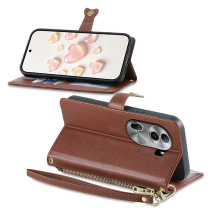 For OPPO Reno11 Pro Global Zipper Wallet Heart Buckle Vegan Leather Phone Case with Wrist Strap(Brown)