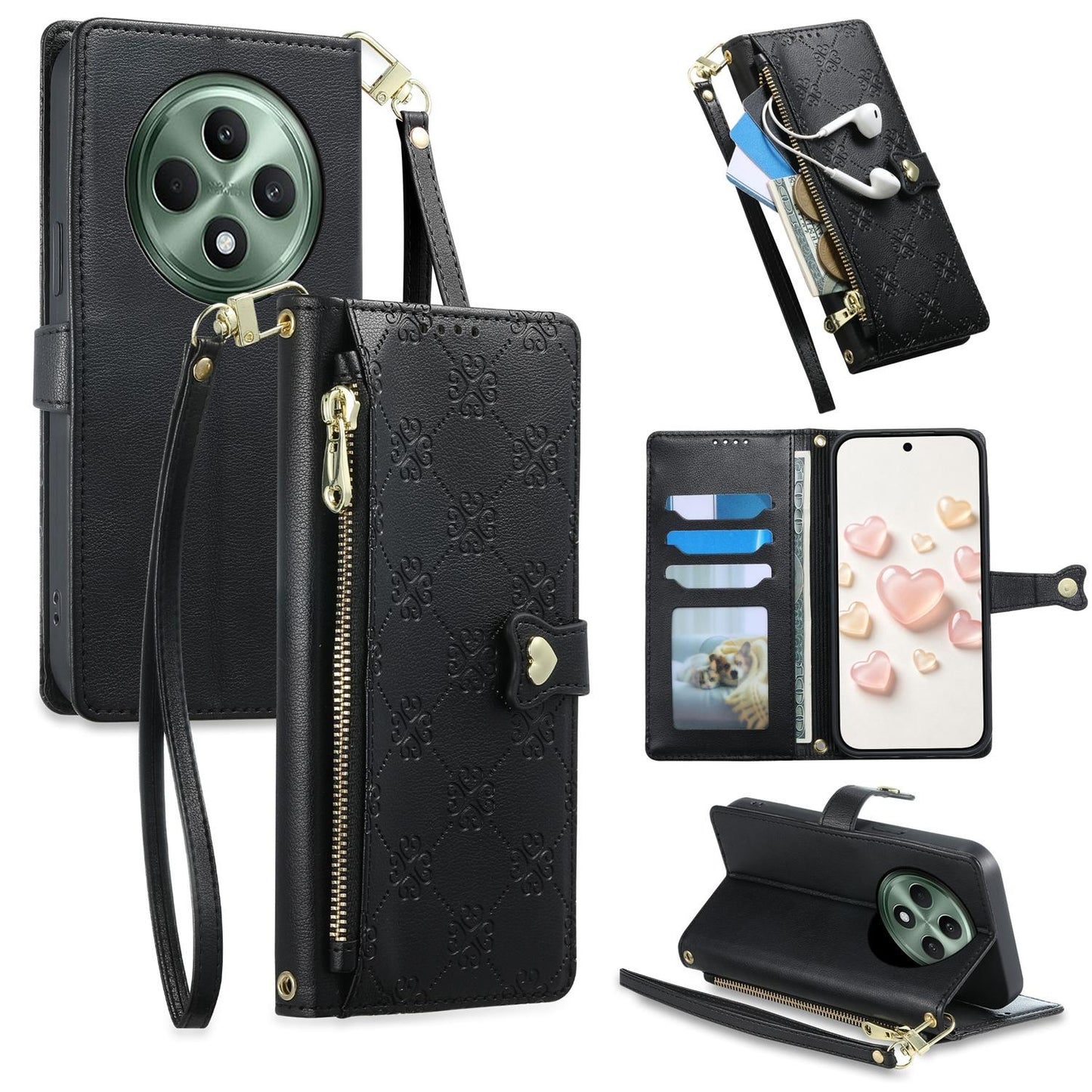 For OPPO Reno12 F 4G / 5G / OPPO F27 Zipper Wallet Heart Buckle Vegan Leather Phone Case with Wrist Strap(Black)
