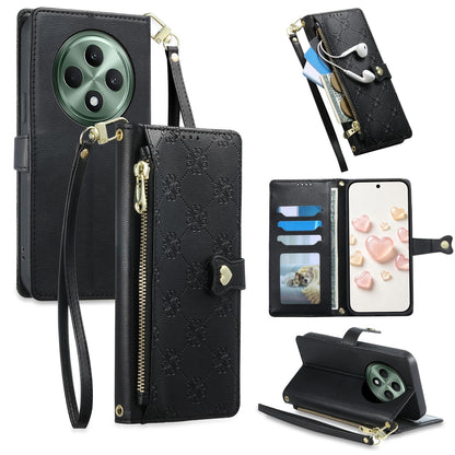 For OPPO Reno12 F 4G / 5G / OPPO F27 Zipper Wallet Heart Buckle Vegan Leather Phone Case with Wrist Strap(Black)