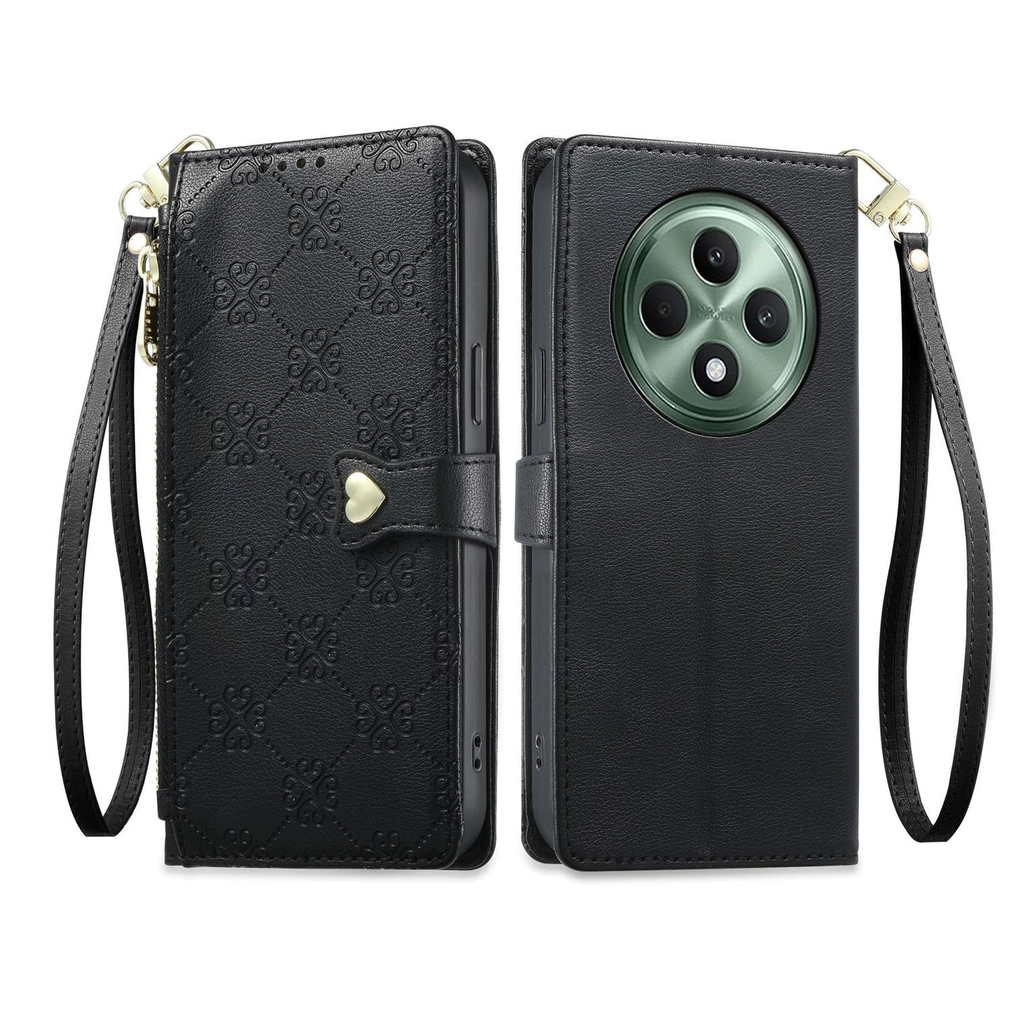 For OPPO Reno12 F 4G / 5G / OPPO F27 Zipper Wallet Heart Buckle Vegan Leather Phone Case with Wrist Strap(Black)