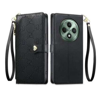 For OPPO Reno12 F 4G / 5G / OPPO F27 Zipper Wallet Heart Buckle Vegan Leather Phone Case with Wrist Strap(Black)