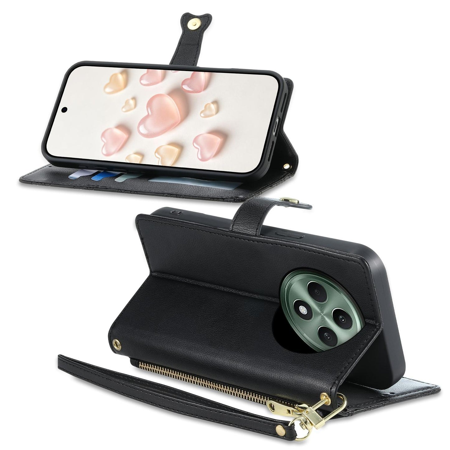 For OPPO Reno12 F 4G / 5G / OPPO F27 Zipper Wallet Heart Buckle Vegan Leather Phone Case with Wrist Strap(Black)