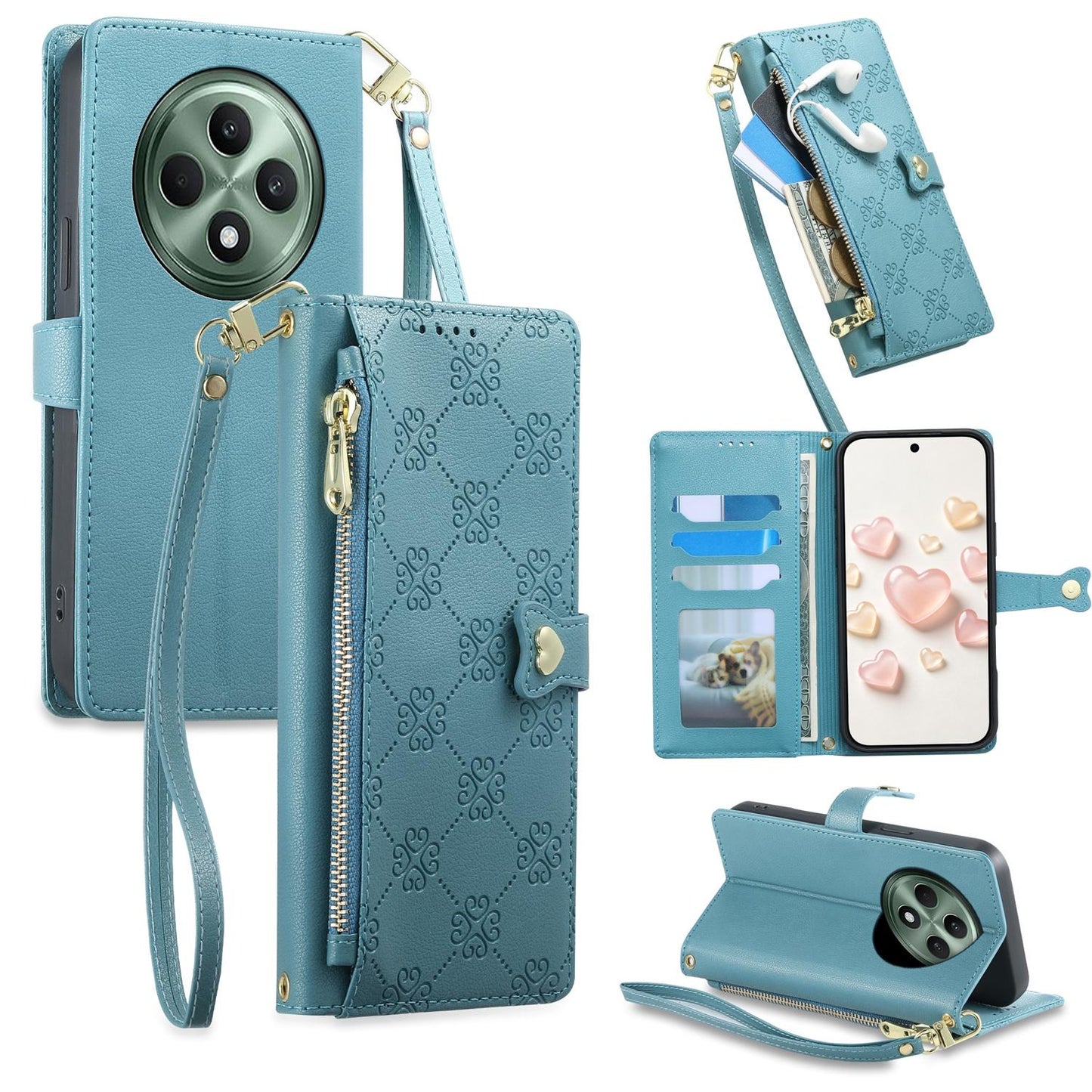 For OPPO Reno12 F 4G / 5G / OPPO F27 Zipper Wallet Heart Buckle Vegan Leather Phone Case with Wrist Strap(Lake Blue)