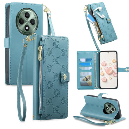 For OPPO Reno12 F 4G / 5G / OPPO F27 Zipper Wallet Heart Buckle Vegan Leather Phone Case with Wrist Strap(Lake Blue)