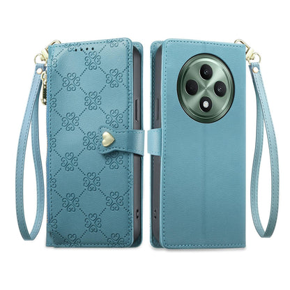 For OPPO Reno12 F 4G / 5G / OPPO F27 Zipper Wallet Heart Buckle Vegan Leather Phone Case with Wrist Strap(Lake Blue)