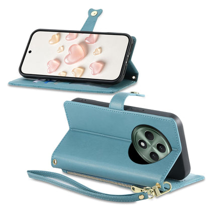 For OPPO Reno12 F 4G / 5G / OPPO F27 Zipper Wallet Heart Buckle Vegan Leather Phone Case with Wrist Strap(Lake Blue)