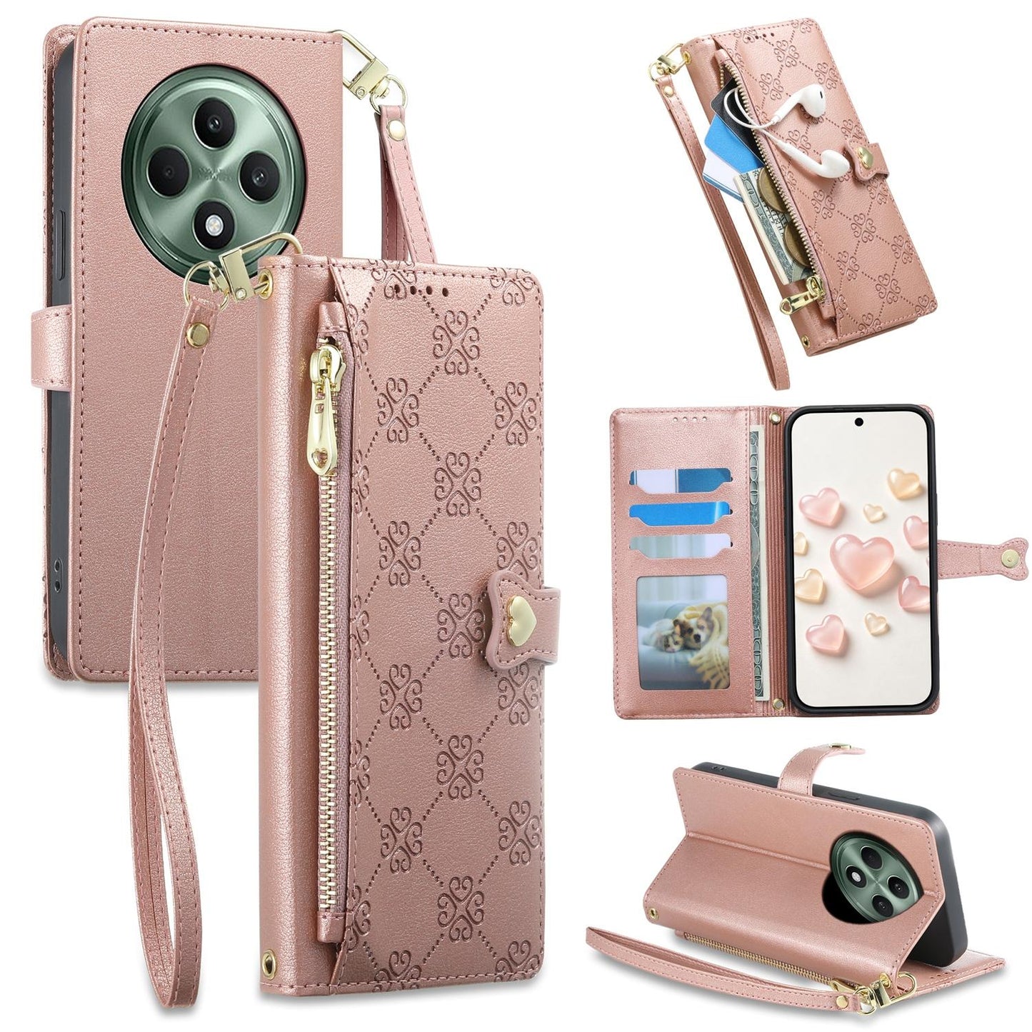 For OPPO Reno12 F 4G / 5G / OPPO F27 Zipper Wallet Heart Buckle Vegan Leather Phone Case with Wrist Strap(Pink)