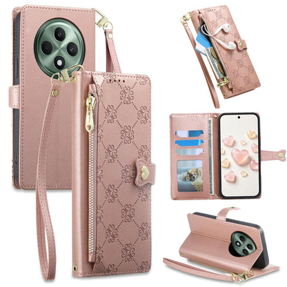 For OPPO Reno12 F 4G / 5G / OPPO F27 Zipper Wallet Heart Buckle Vegan Leather Phone Case with Wrist Strap(Pink)