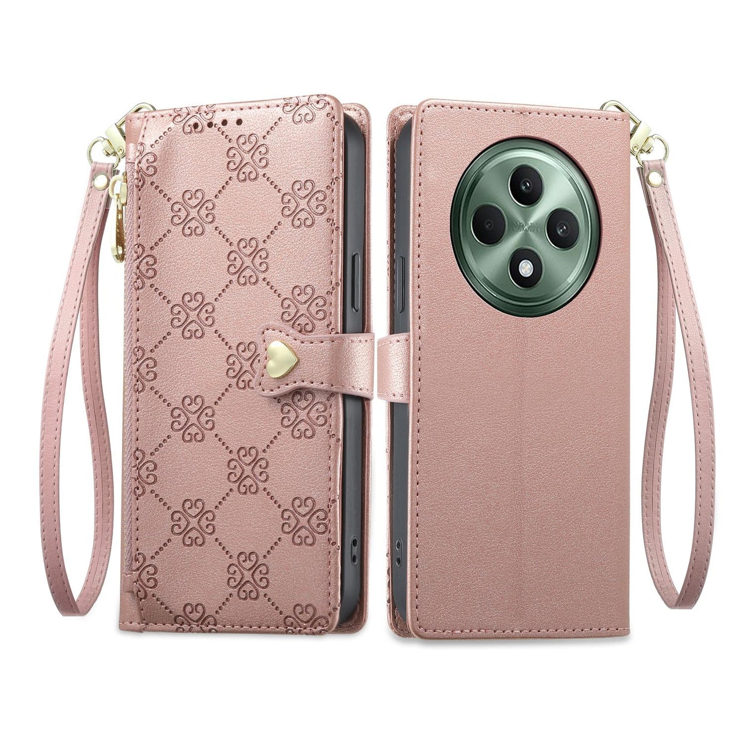 For OPPO Reno12 F 4G / 5G / OPPO F27 Zipper Wallet Heart Buckle Vegan Leather Phone Case with Wrist Strap(Pink)