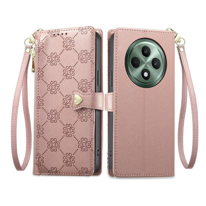 For OPPO Reno12 F 4G / 5G / OPPO F27 Zipper Wallet Heart Buckle Vegan Leather Phone Case with Wrist Strap(Pink)