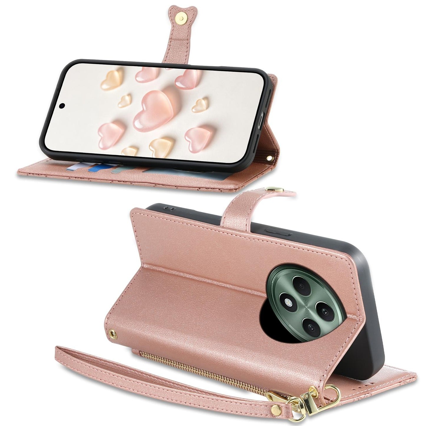 For OPPO Reno12 F 4G / 5G / OPPO F27 Zipper Wallet Heart Buckle Vegan Leather Phone Case with Wrist Strap(Pink)