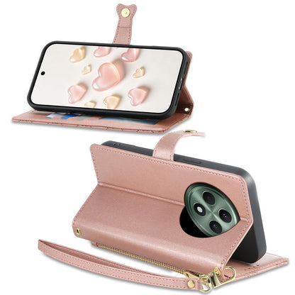 For OPPO Reno12 F 4G / 5G / OPPO F27 Zipper Wallet Heart Buckle Vegan Leather Phone Case with Wrist Strap(Pink)