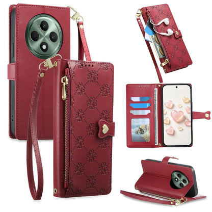 For OPPO Reno12 F 4G / 5G / OPPO F27 Zipper Wallet Heart Buckle Vegan Leather Phone Case with Wrist Strap(Red)