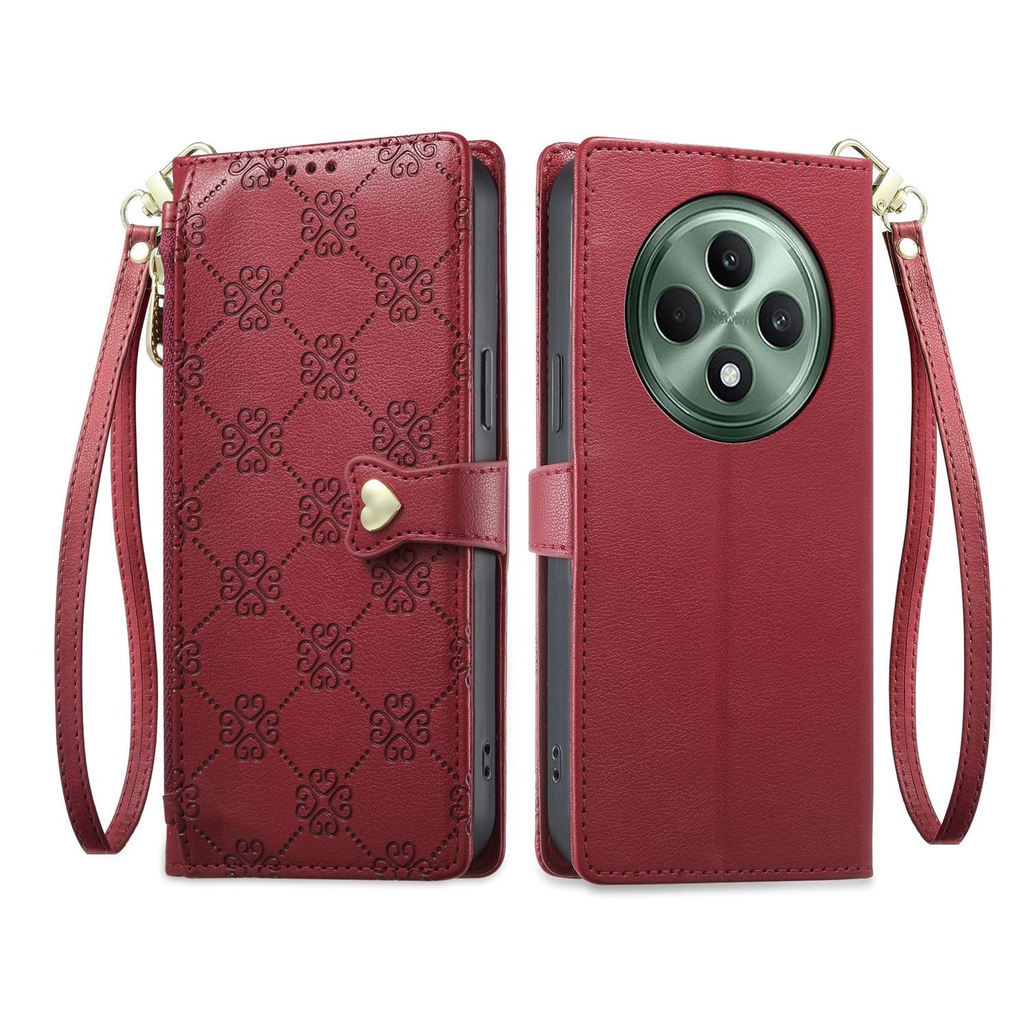 For OPPO Reno12 F 4G / 5G / OPPO F27 Zipper Wallet Heart Buckle Vegan Leather Phone Case with Wrist Strap(Red)