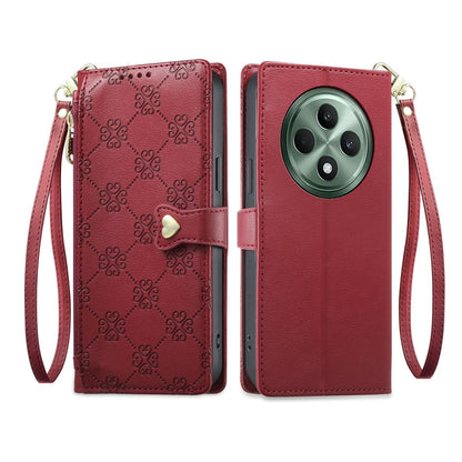 For OPPO Reno12 F 4G / 5G / OPPO F27 Zipper Wallet Heart Buckle Vegan Leather Phone Case with Wrist Strap(Red)