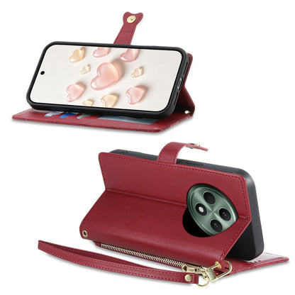 For OPPO Reno12 F 4G / 5G / OPPO F27 Zipper Wallet Heart Buckle Vegan Leather Phone Case with Wrist Strap(Red)