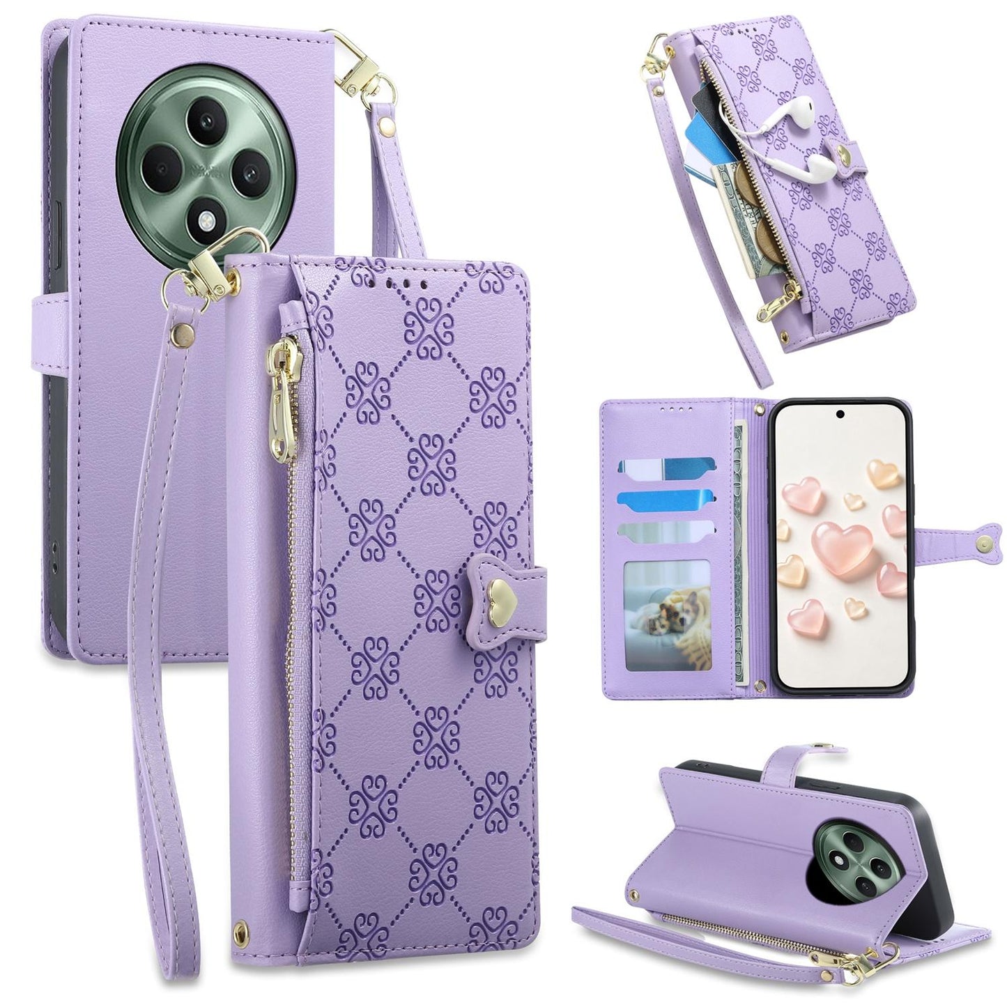 For OPPO Reno12 F 4G / 5G / OPPO F27 Zipper Wallet Heart Buckle Vegan Leather Phone Case with Wrist Strap(Purple)