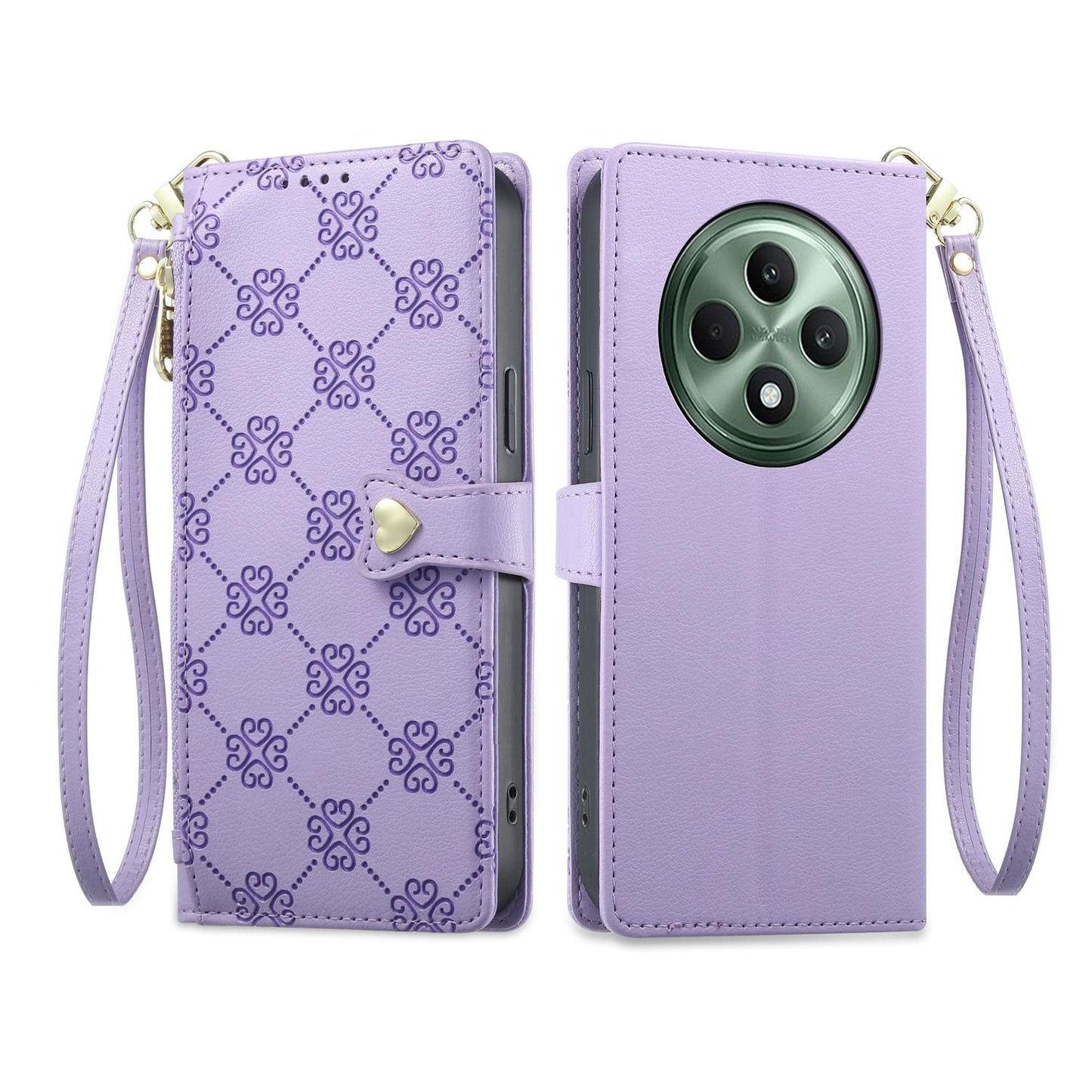 For OPPO Reno12 F 4G / 5G / OPPO F27 Zipper Wallet Heart Buckle Vegan Leather Phone Case with Wrist Strap(Purple)
