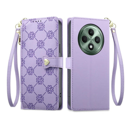 For OPPO Reno12 F 4G / 5G / OPPO F27 Zipper Wallet Heart Buckle Vegan Leather Phone Case with Wrist Strap(Purple)