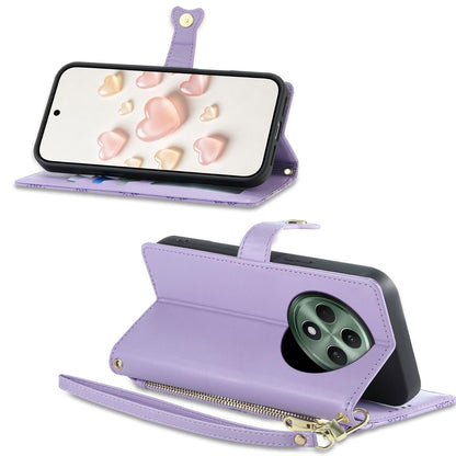 For OPPO Reno12 F 4G / 5G / OPPO F27 Zipper Wallet Heart Buckle Vegan Leather Phone Case with Wrist Strap(Purple)