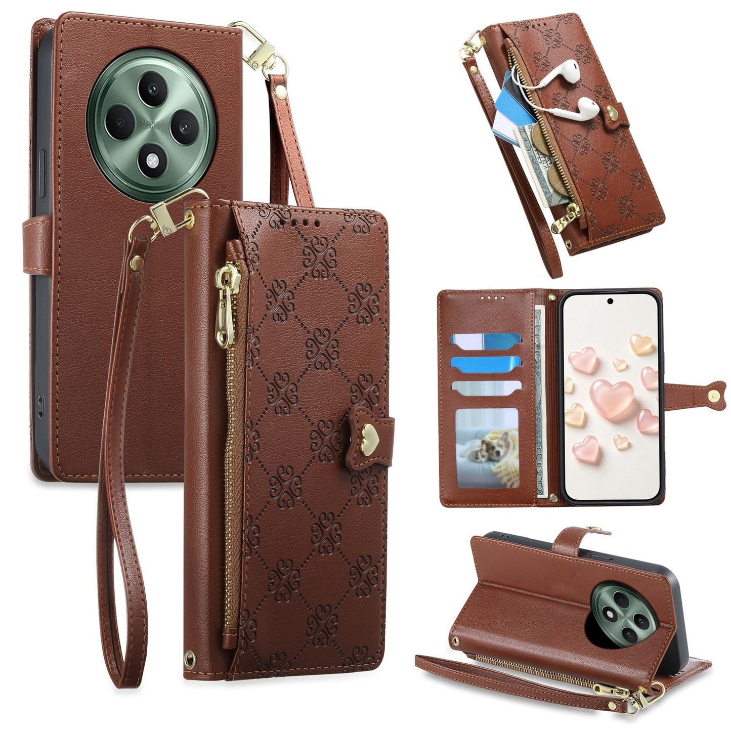 For OPPO Reno12 F 4G / 5G / OPPO F27 Zipper Wallet Heart Buckle Vegan Leather Phone Case with Wrist Strap(Brown)