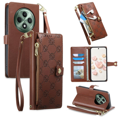 For OPPO Reno12 F 4G / 5G / OPPO F27 Zipper Wallet Heart Buckle Vegan Leather Phone Case with Wrist Strap(Brown)