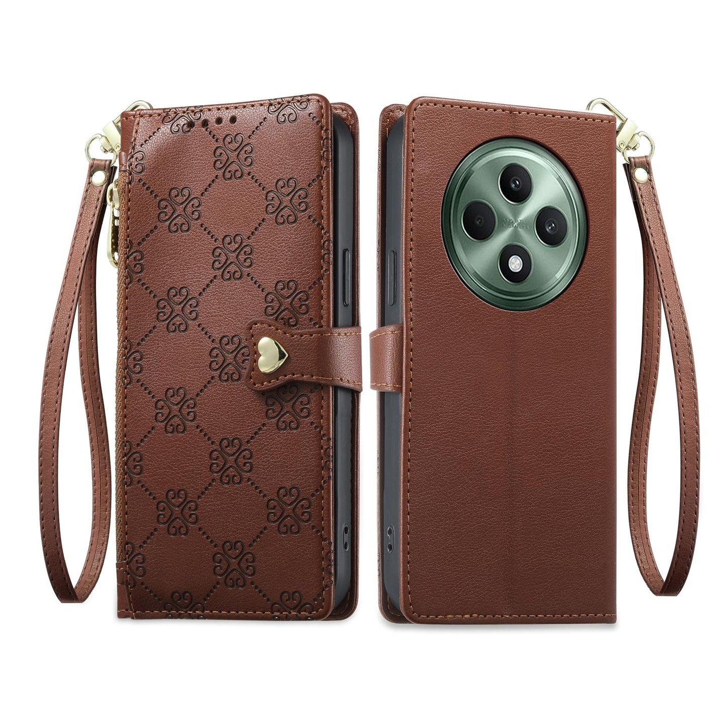 For OPPO Reno12 F 4G / 5G / OPPO F27 Zipper Wallet Heart Buckle Vegan Leather Phone Case with Wrist Strap(Brown)