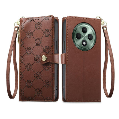 For OPPO Reno12 F 4G / 5G / OPPO F27 Zipper Wallet Heart Buckle Vegan Leather Phone Case with Wrist Strap(Brown)