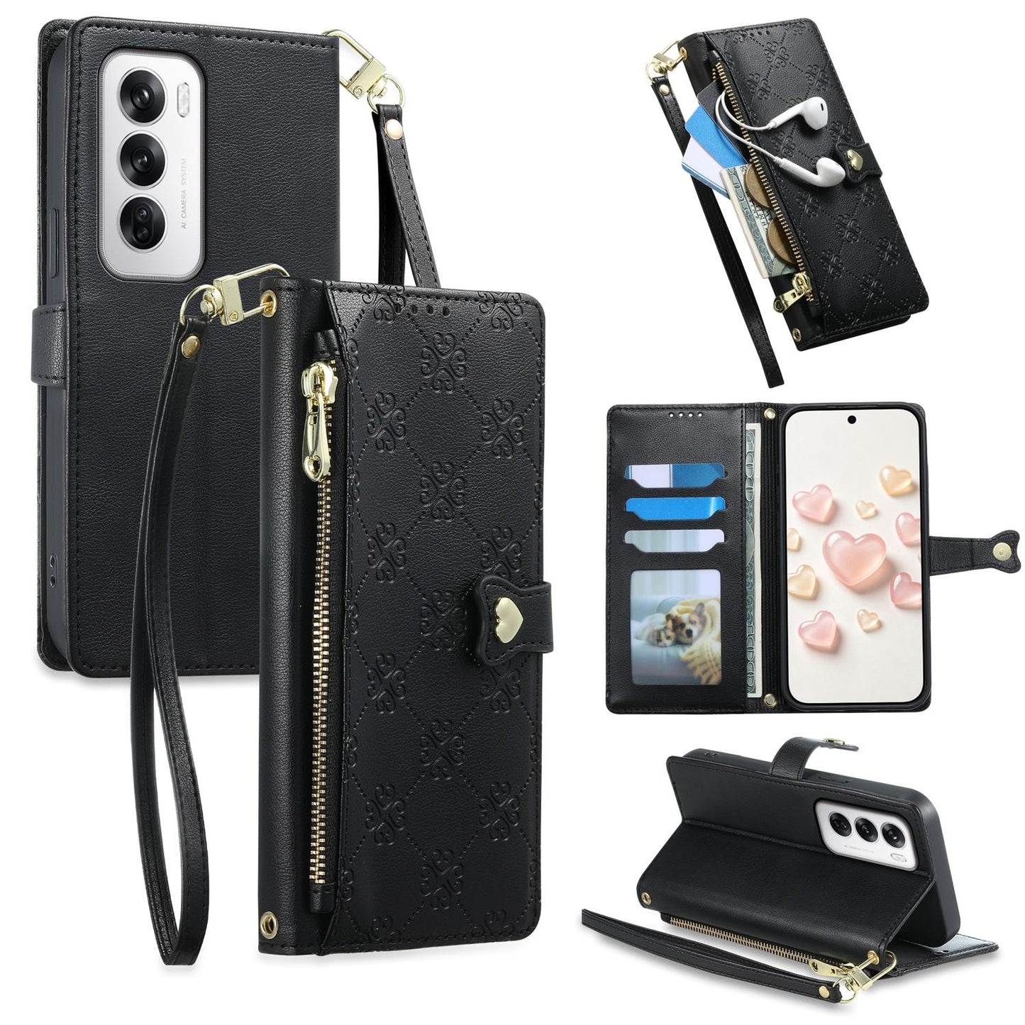 For OPPO Reno12 Global Zipper Wallet Heart Buckle Vegan Leather Phone Case with Wrist Strap(Black)