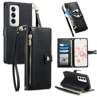 For OPPO Reno12 Global Zipper Wallet Heart Buckle Vegan Leather Phone Case with Wrist Strap(Black)