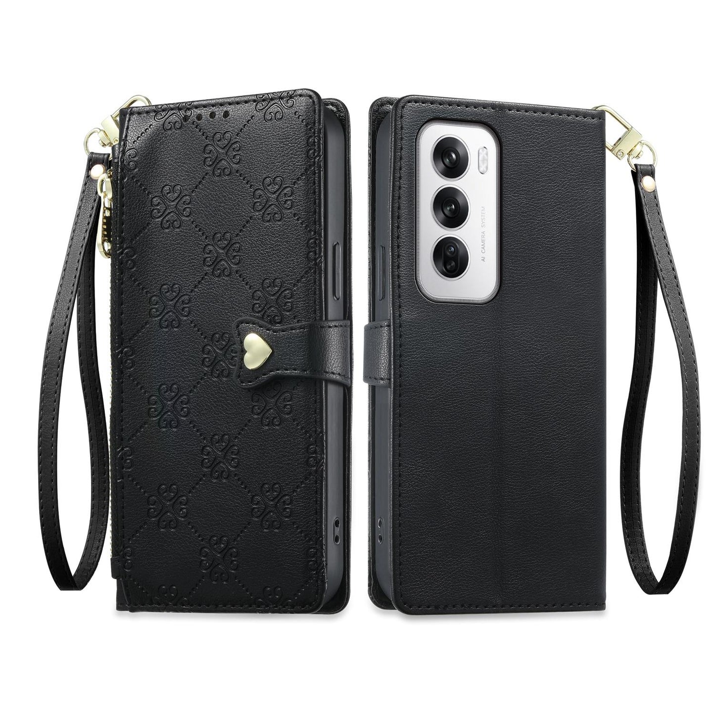 For OPPO Reno12 Global Zipper Wallet Heart Buckle Vegan Leather Phone Case with Wrist Strap(Black)