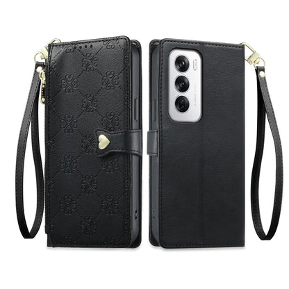 For OPPO Reno12 Global Zipper Wallet Heart Buckle Vegan Leather Phone Case with Wrist Strap(Black)
