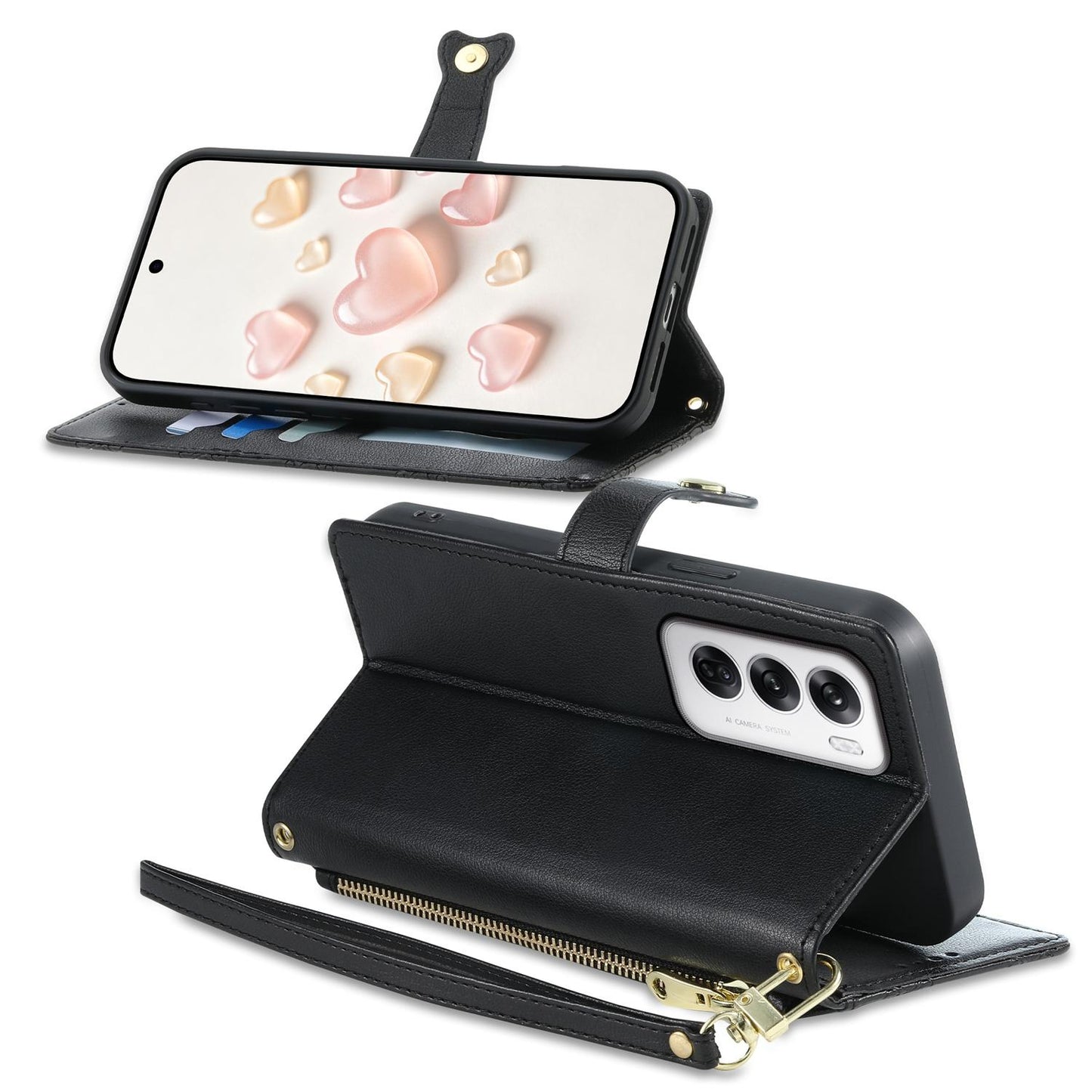 For OPPO Reno12 Global Zipper Wallet Heart Buckle Vegan Leather Phone Case with Wrist Strap(Black)