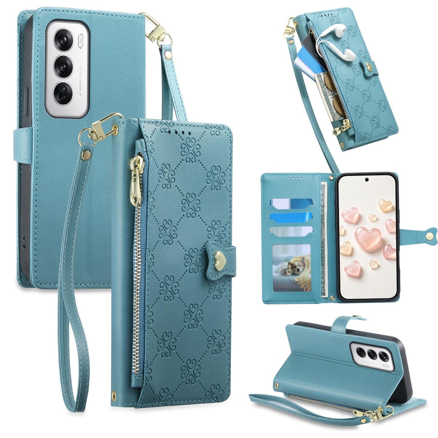 For OPPO Reno12 Global Zipper Wallet Heart Buckle Vegan Leather Phone Case with Wrist Strap(Lake Blue)