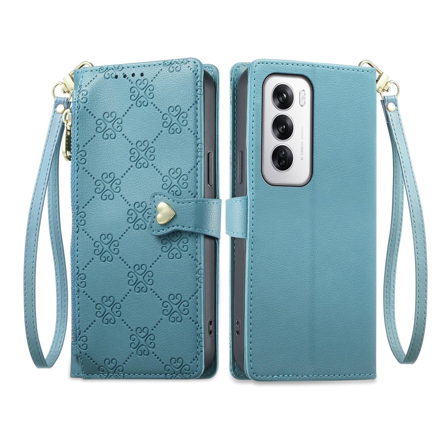 For OPPO Reno12 Global Zipper Wallet Heart Buckle Vegan Leather Phone Case with Wrist Strap(Lake Blue)