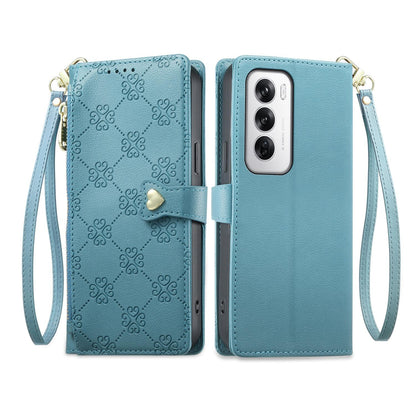 For OPPO Reno12 Global Zipper Wallet Heart Buckle Vegan Leather Phone Case with Wrist Strap(Lake Blue)