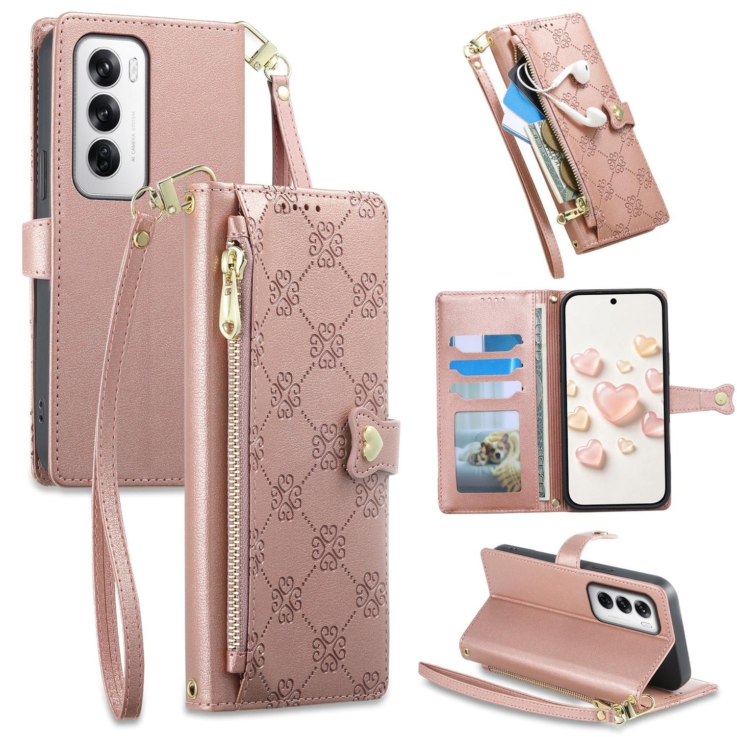 For OPPO Reno12 Global Zipper Wallet Heart Buckle Vegan Leather Phone Case with Wrist Strap(Pink)